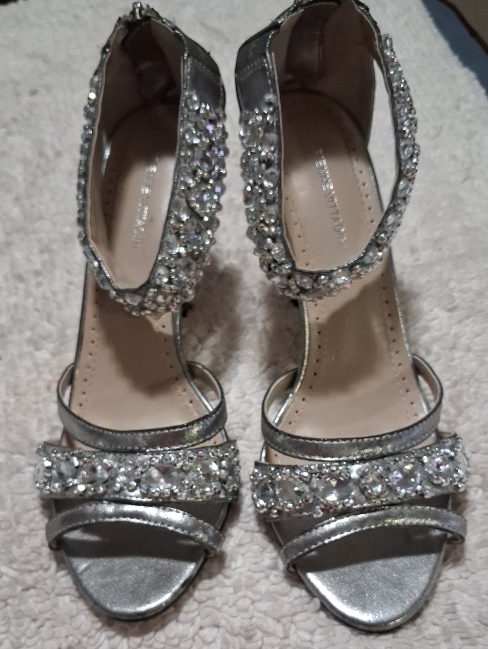 Adrienne Vittadini Silver Crystal Ankle-Strap Heels